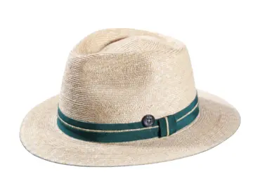 Naturstrohhut Fedora mit petrolfarbenem Band und Risa Knopf