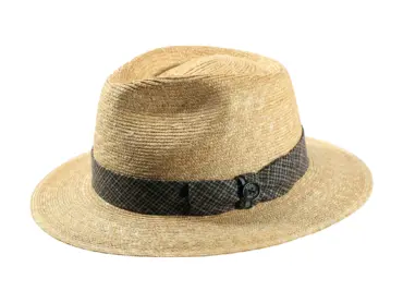 Fedora Sommerhut aus Weizenstroh mit karierter Seidengarnitur und Risa-Knopf