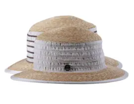Damen Sommerhut aus Stroh und Leinen mit Leinenbändern und breiter Krempe