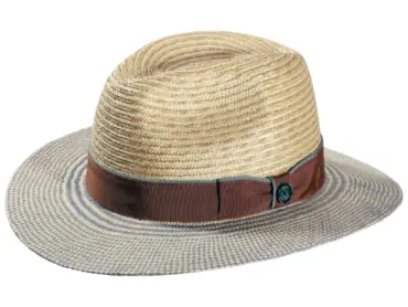 Fedora Sommerhut aus Panama- und Weizenstroh mit braunem Hutband und hellblauer Krempenkante