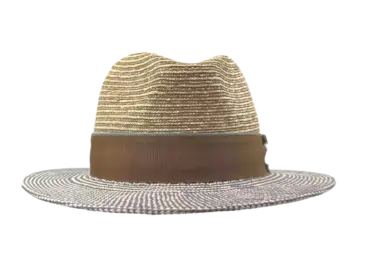 Fedora Sommerhut aus Panama- und Weizenstroh mit braunem Hutband und hellblauer Krempenkante