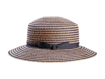 Damenhut Cloche gestreift in Marine/Natur mit Rebsband