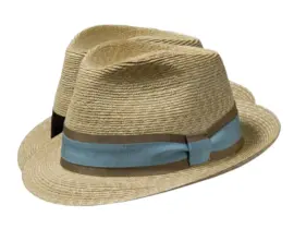 Strohhut Trilby aus Weizenstroh mit gestreiftem Rebsband und Masche