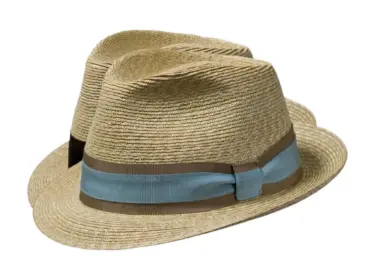 Strohhut Trilby aus Weizenstroh mit gestreiftem Rebsband und Masche