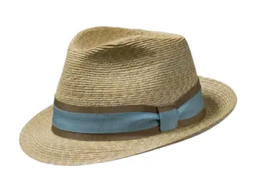 Strohhut Trilby aus Weizenstroh mit gestreiftem Rebsband und Masche