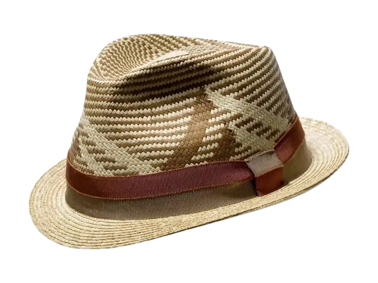 Trilby Strohhut mit gezacktem Panama-Muster und Rebsband in Cognac