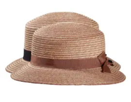 Damen Cloche-Hut aus Weizenstroh mit marineblauem bzw. nougatfarbenem Rebsband