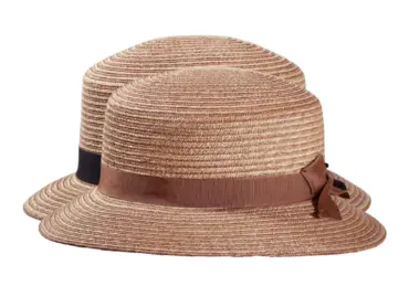 Damen Cloche-Hut aus Weizenstroh mit marineblauem bzw. nougatfarbenem Rebsband