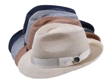 Sommerhut Trilby aus Hanf in Vanille, Braun, Marine und Grau mit Rebsband