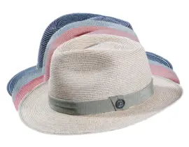 Fedora-Strohhut aus Hanf zweifarbig in Vanille, Apricot, Silber und Marine mit farbigem Hutband