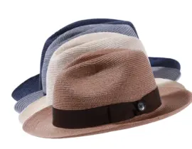 Strohhut Fedora aus Hanf Vanille, Nougat, Navy, Silber, mit Rebsband