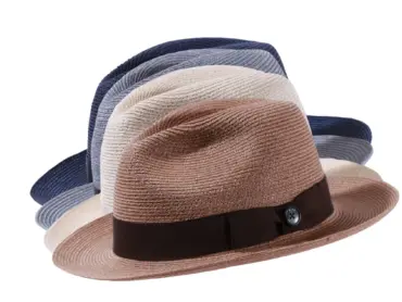 Strohhut Fedora aus Hanf Vanille, Nougat, Navy, Silber, mit Rebsband