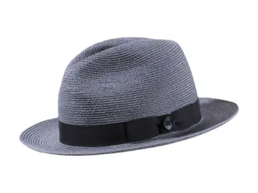 Strohhut Fedora aus Hanf Vanille, Nougat, Navy, Silber, mit Rebsband