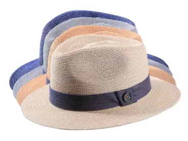 Fedora Sommerhut aus Hanf mit blauem Baumwollband in Naturtönen