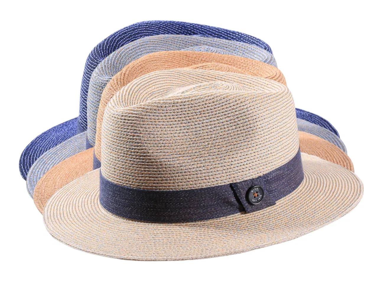 Fedora Sommerhut aus Hanf mit blauem Baumwollband in Naturtönen