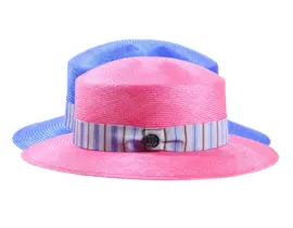 Damenhut Cloche aus Parasisol in Pink oder Gucci-Blau mit gestreiftem Seidenband