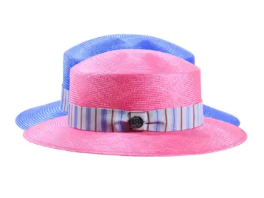 Damenhut Cloche aus Parasisol in Pink oder Gucci-Blau mit gestreiftem Seidenband