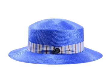 Damenhut Cloche aus Parasisol in Pink oder Gucci-Blau mit gestreiftem Seidenband