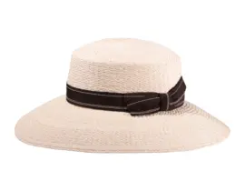 Damen Panamahut Cloche in Weiß mit braunem Rebsband und Schleife