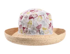 Damen Sommerhut Cloche Ginko Leinen/Raffia mit floralem Ginkomotiv und Raffia-Krempe