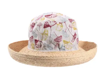 Damen Sommerhut Cloche Ginko Leinen/Raffia mit floralem Ginkomotiv und Raffia-Krempe