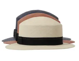 Damencloche aus Panamastroh in Natur, Camel und Navy mit marinefarbenem Rebsband