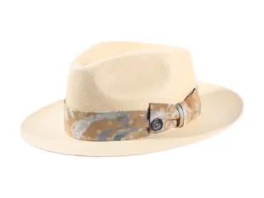 Panamahut Fedora mit floralem Hutband aus Naturstroh