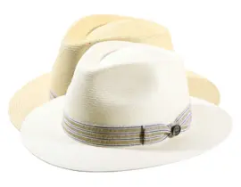 Panamahut Fedora-Traveler aus echtem Panama-Stroh mit gestreiftem Leinenband