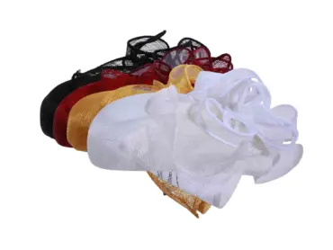 Toque aus Sisal mit großer Masche in Schwarz, Weiss, Senf und Rubin