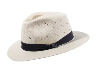 Panamahut Fedora natur mit Belüftung und marineblauem Hutband