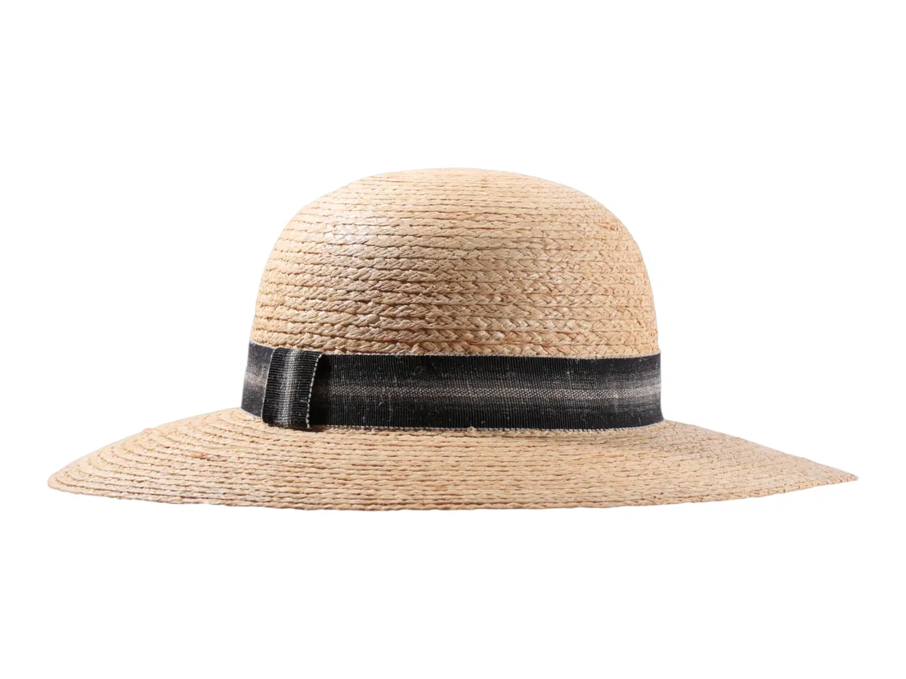 Damenhut Cloche Raffiastroh mit gestreiftem Leinenhutband in Natur/Schwarz und Natur/Rot.