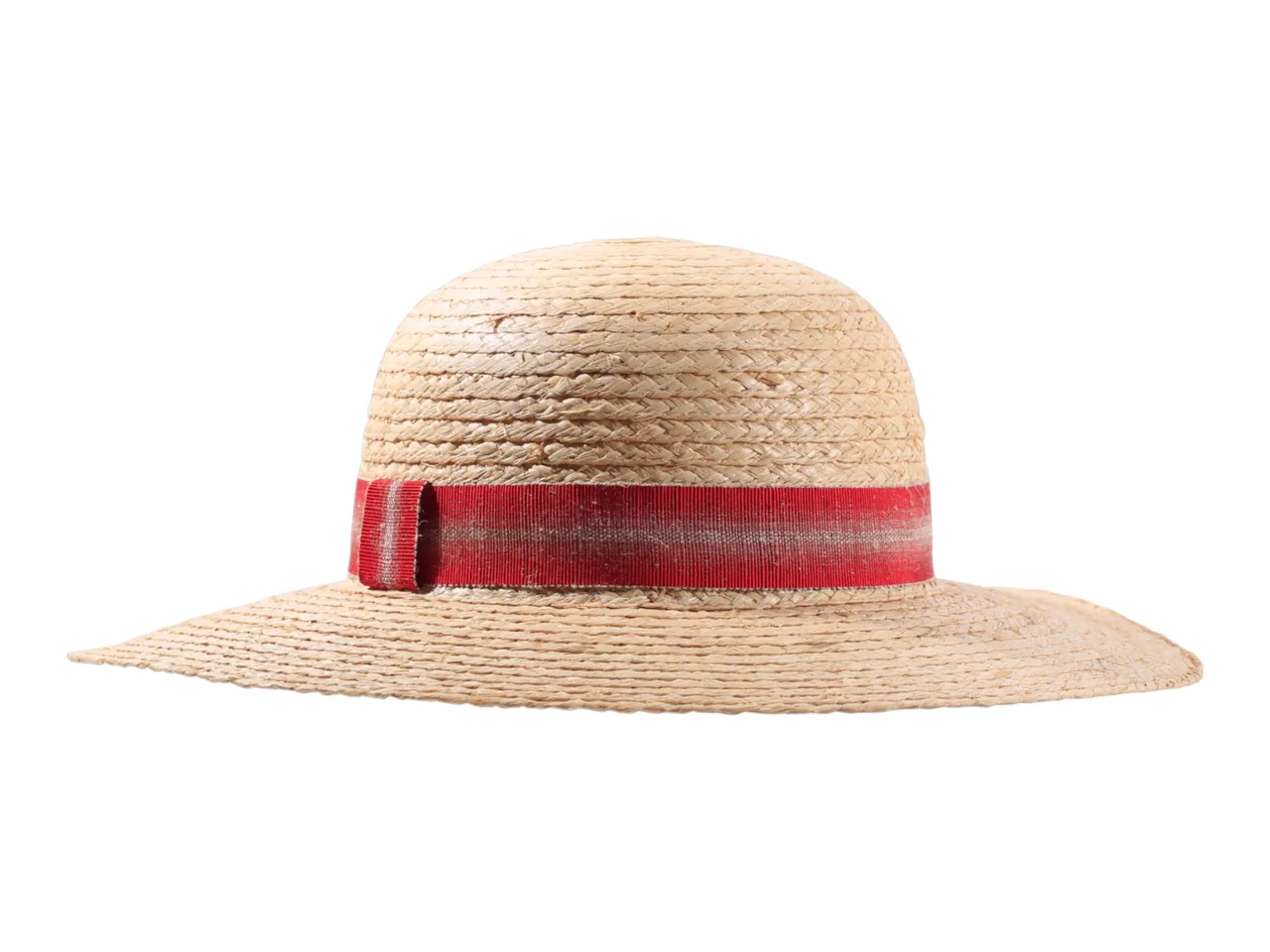 Damenhut Cloche Raffiastroh mit gestreiftem Leinenhutband in Natur/Schwarz und Natur/Rot.