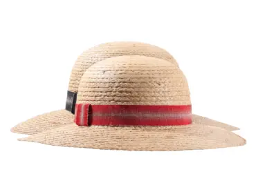 Damenhut Cloche Raffiastroh mit gestreiftem Leinenhutband in Natur/Schwarz und Natur/Rot.