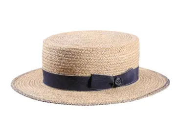 Sommerhut Canotier aus Raffia mit jeansblauer Garnitur