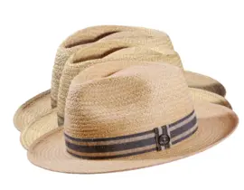 Strohhut Fedora Bogart Raffia mit gestreiftem Leinenband in Gold, Olive oder Navy