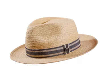 Strohhut Fedora Bogart Raffia mit gestreiftem Leinenband in Gold, Olive oder Navy