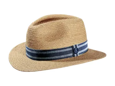 Strohhut Fedora aus Raffia mit gestreiftem Leinenband