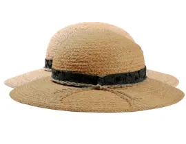 Damenhut Cloche aus Raffia mit breitem Rand und Stoffband