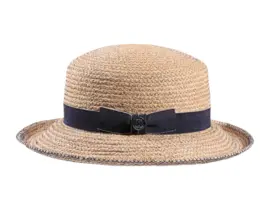 Naturfarbener Aufschlaghut aus Raffia mit Jeansband