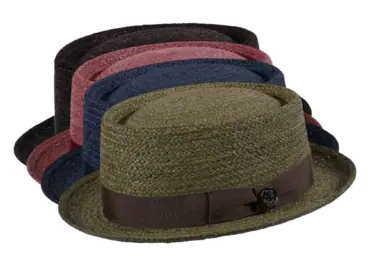 Porkpie Strohhut aus Raffia in vier Farben mit Rebsband und 1919 Knopf