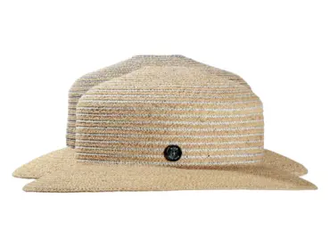 Sommerhut Cloche aus Raffia und Leinen mit gestreifter Krone