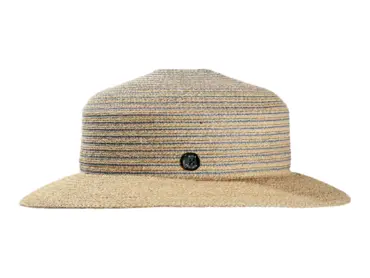 Sommerhut Cloche aus Raffia und Leinen mit gestreifter Krone