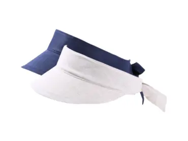 Sonnenschild aus Leinen in Hellbeige und Marine mit Bindeband