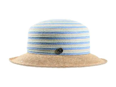 Damenhut mit gestreiftem Kopfteil in Himmelblau und naturfarbener Krempe