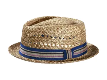 Pork Pie Strohhut natur mit gestreiftem Band in Blau