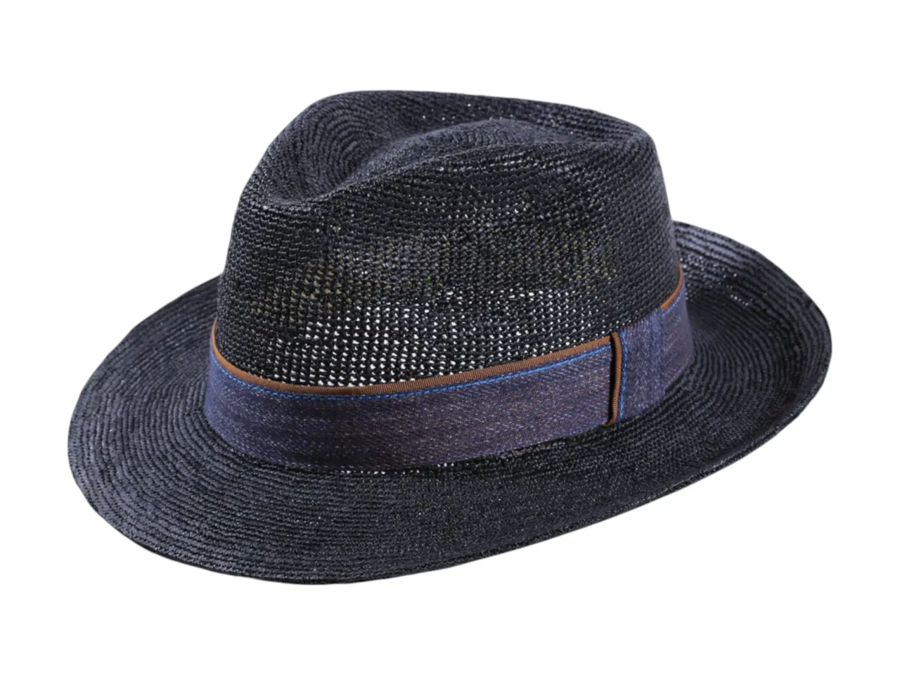 Sommerhut Fedora Raffia gehäkelt Schwarz Petrol Jeansband