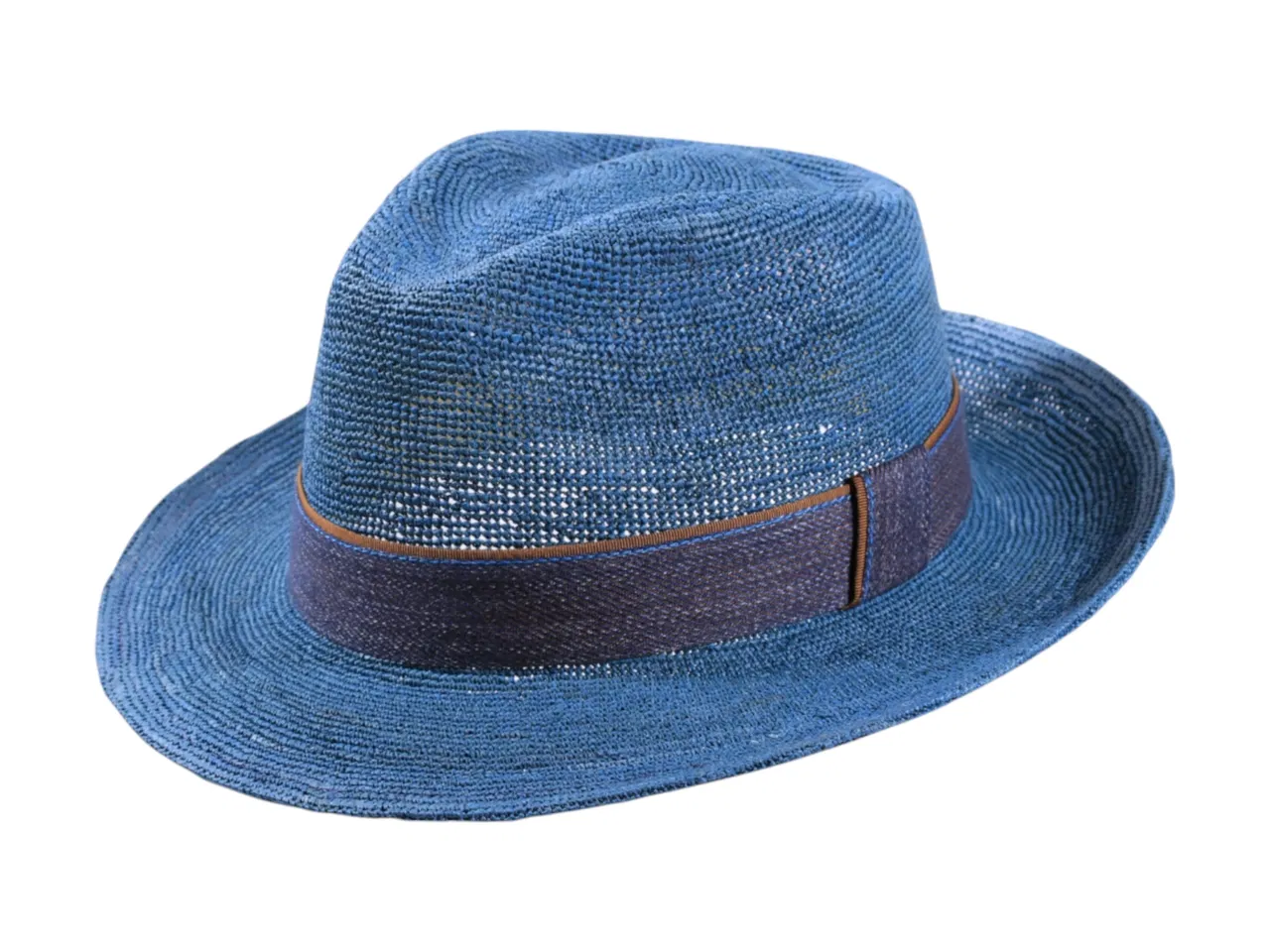 Sommerhut Fedora Raffia gehäkelt Schwarz Petrol Jeansband