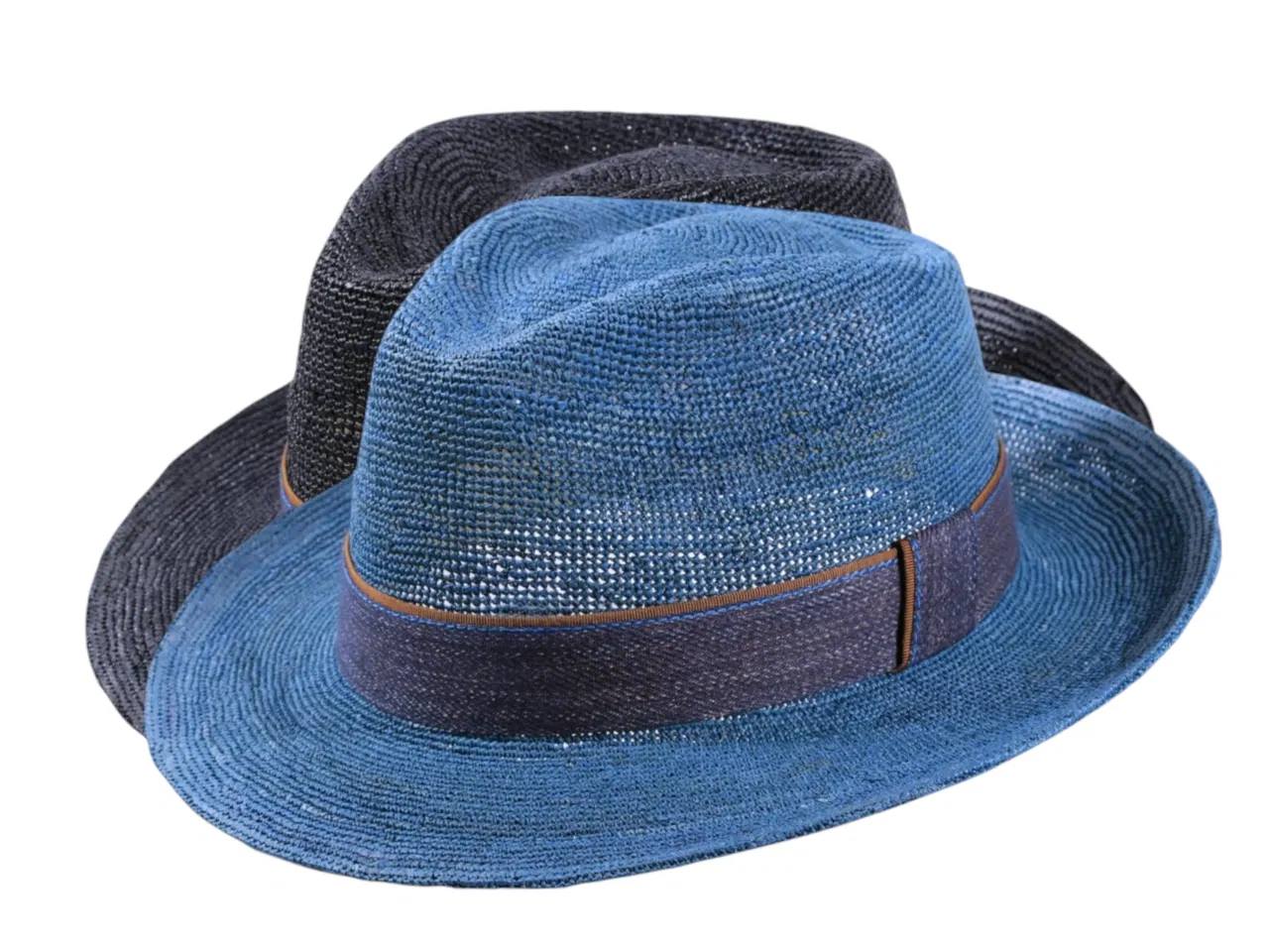Sommerhut Fedora Raffia gehäkelt Schwarz Petrol Jeansband