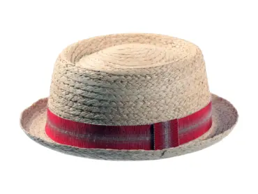 Pork Pie Sommerhut aus Raffia mit gestreiftem Hutband in Rot