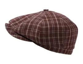 Paperboy Mütze mit Steg aus 100% Leinen im braunen Karomuster